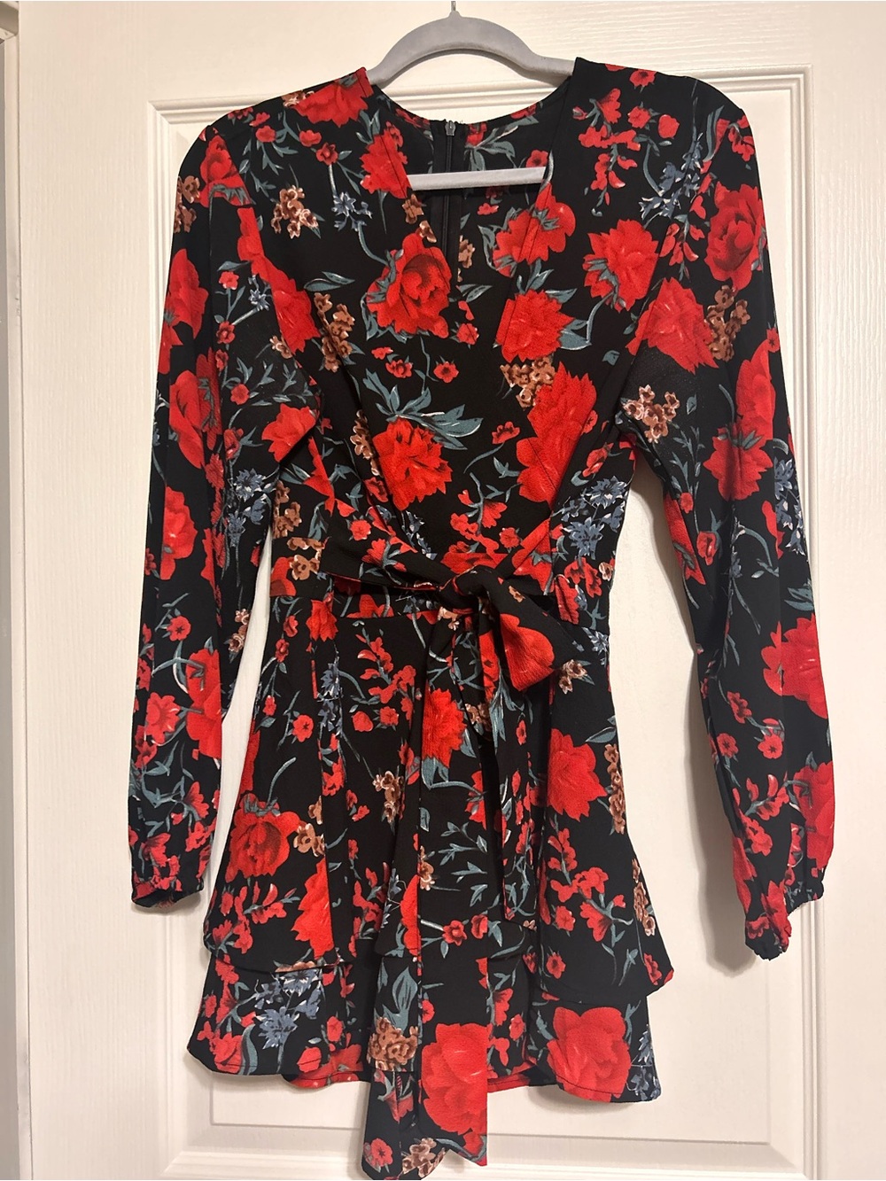Black & Red Floral Romper with Tie Waist